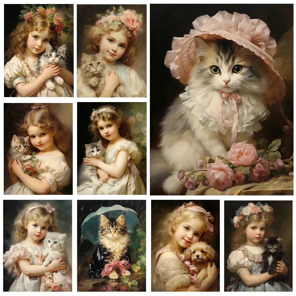 5D DIY Diamond Painting Cartoon Little Cute Girl and Cat Diamond Mosaic Cat Decoration Painting New Product Launched