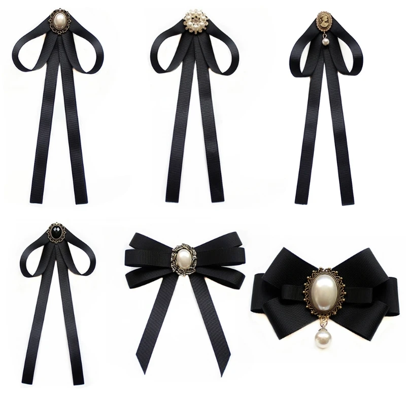 

Imitation Pearl Ribbon Brooches Pin Bow Tie Vintage Pre-Tied Collar Jewelry Bowknot Shirt Necktie Clip for Women Girls