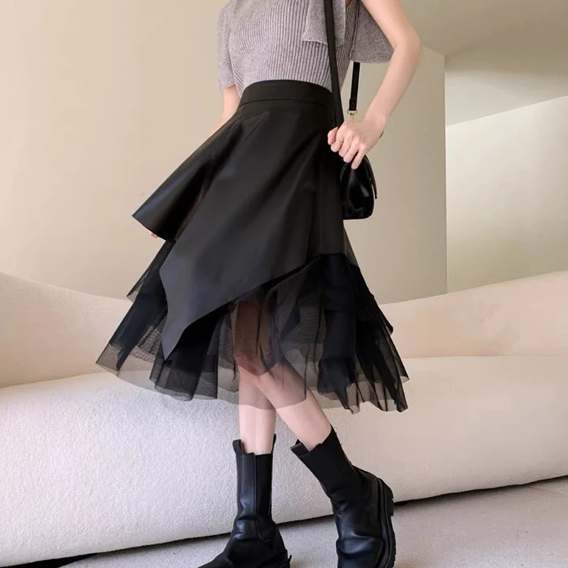 High Quality Leather Flada Women's Fashion Medium Long Spring Irregular Casual Sheepskin Organza Splicing Pleated Umbrella Skirt