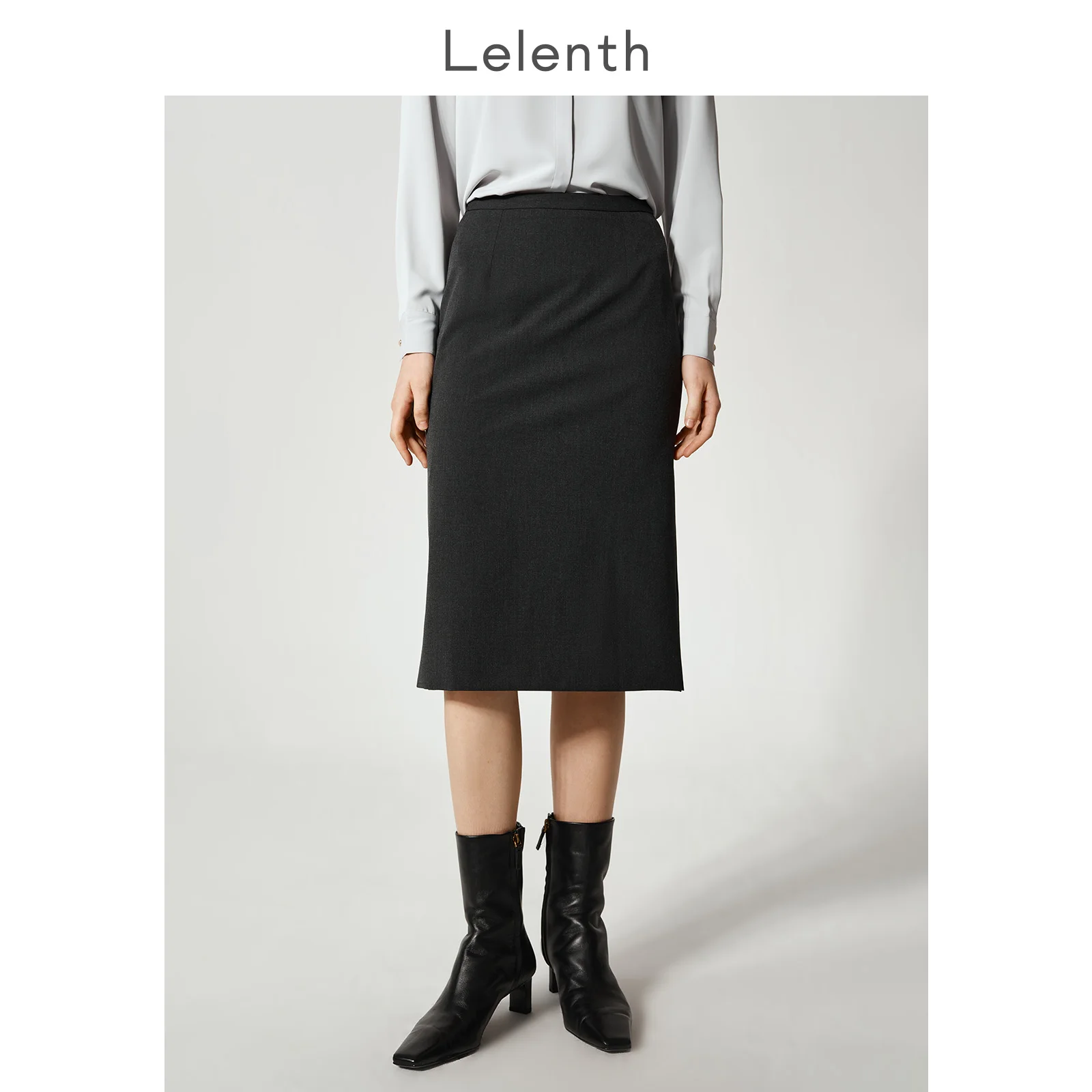 

LeLenth Grey Over-Knee Suit Skirt Women's OL Style Interview Formal Side Slit Straight Leg Midi Skirt High Waist Polyester Blend