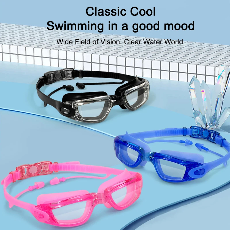 1pc Swimming Goggles Large Frame One-Piece Earplugs One Waterproof Anti-Fog Hd Coating Free Swimming Cap