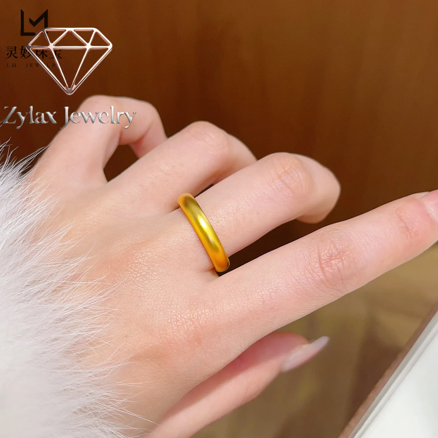 

Zylax Jewelry Festive Ring Women's 24K Gold AU999 - Gold Hundred Blessings Ring, Smooth Band Chinese Style, Festival Style
