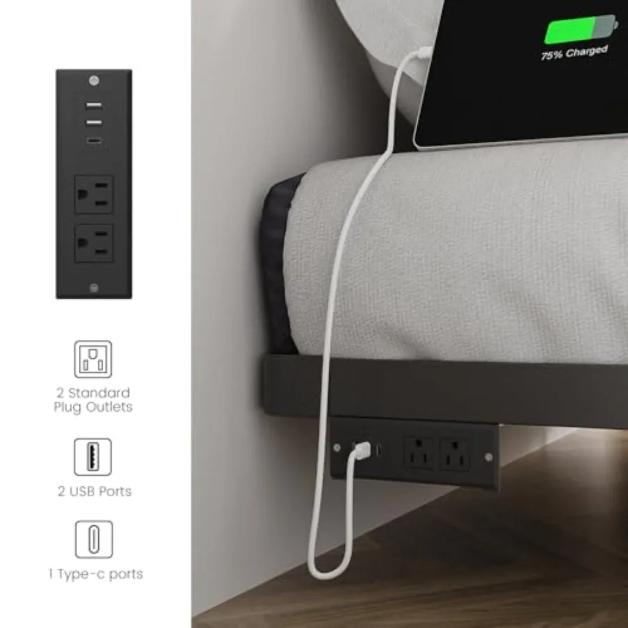 هيكل سرير عائم كامل مع محطة شحن مدمجة وإضاءة LED لتزيين غرفة النوم الحديثة وتصميم عائم يعزز المساحة #3