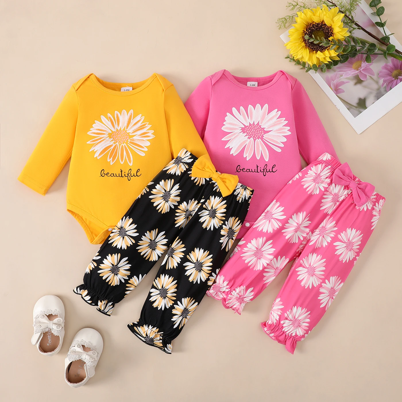 

PatPat 2pcs Baby Girl 95% Cotton Sunflower Print Long-sleeve Bodysuit and Ruffle Bow Decor Pants Set