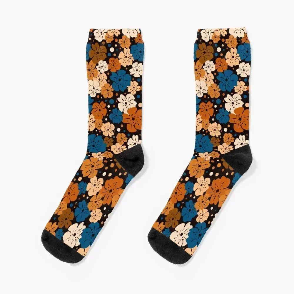

Burnt orange and deep blue flowers with dots Socks custom sports men cotton high quality Rugby Socks For Man Women's