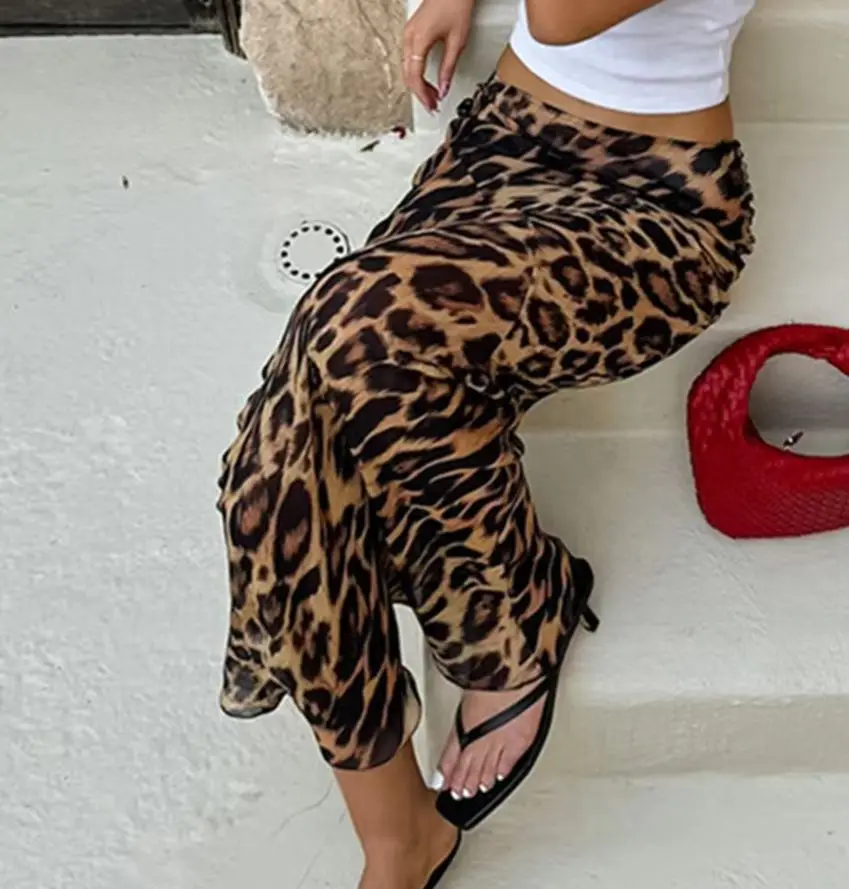 WXOY Sexy Elegant Leopard Maxi Flowy Skirt Low Waist Stretchy Bodycon Slim Fit Clubwear Women Clothes Summer Party Streetwear