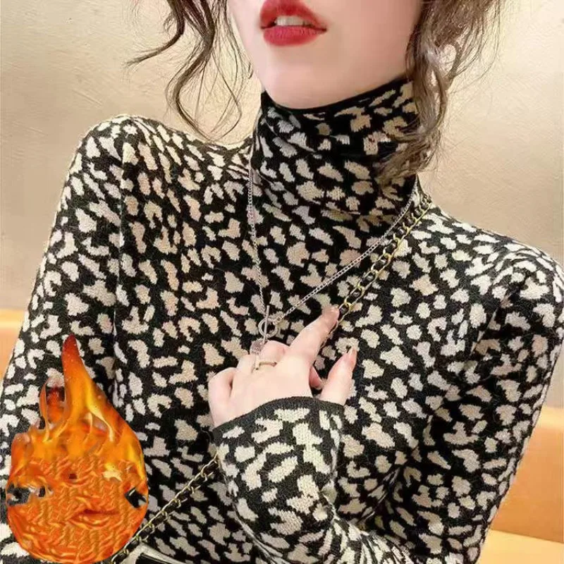 

Women's Pullover Turtleneck Bottom Autumn and Winter New Fashion Thick Printing Leopard Long Sleeve Slim All-match T-shirt Tops