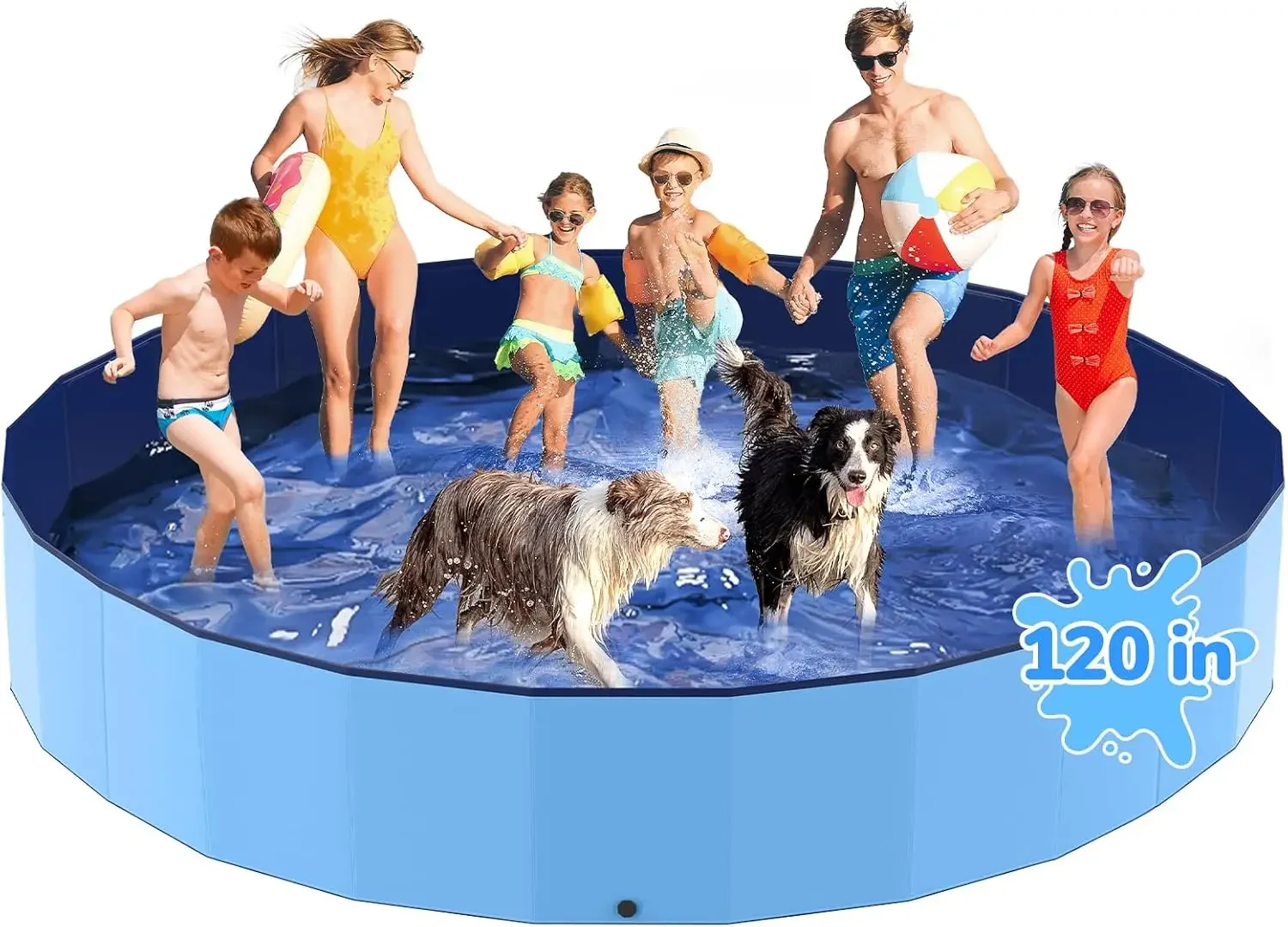 120'' Foldable Dog Pool, Kiddie Pool, Heavy Duty Non-Slip Plastic Pet Wading Pool for Large Dogs, Indoor and Outdoor Kids Pet Do
