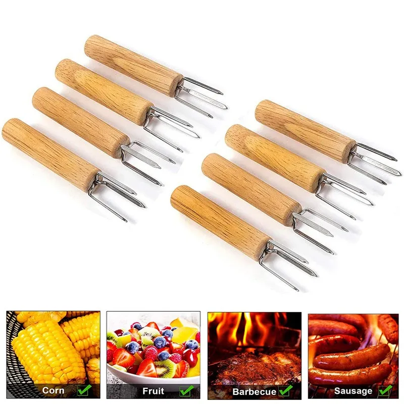 2/4 pcs Corn Holders Stainless Steel Wooden Handle Cob Skewers BBQ Anti Scalding Fruit Forks Outdoor Garden Picnic Cooking Tools