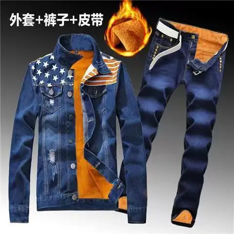 Winter Men Fleece Lining Thick Warm Denim Two Piece Set Slim Fit Cowbody Jacket Jeans Suit Cargo Sets