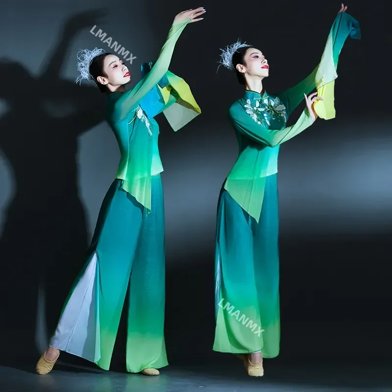 

Chinese Tradition Hanfu Classical Dance Costume Female Yangko Clothing Chiffon Gradient Applique National Stage Performance Suit