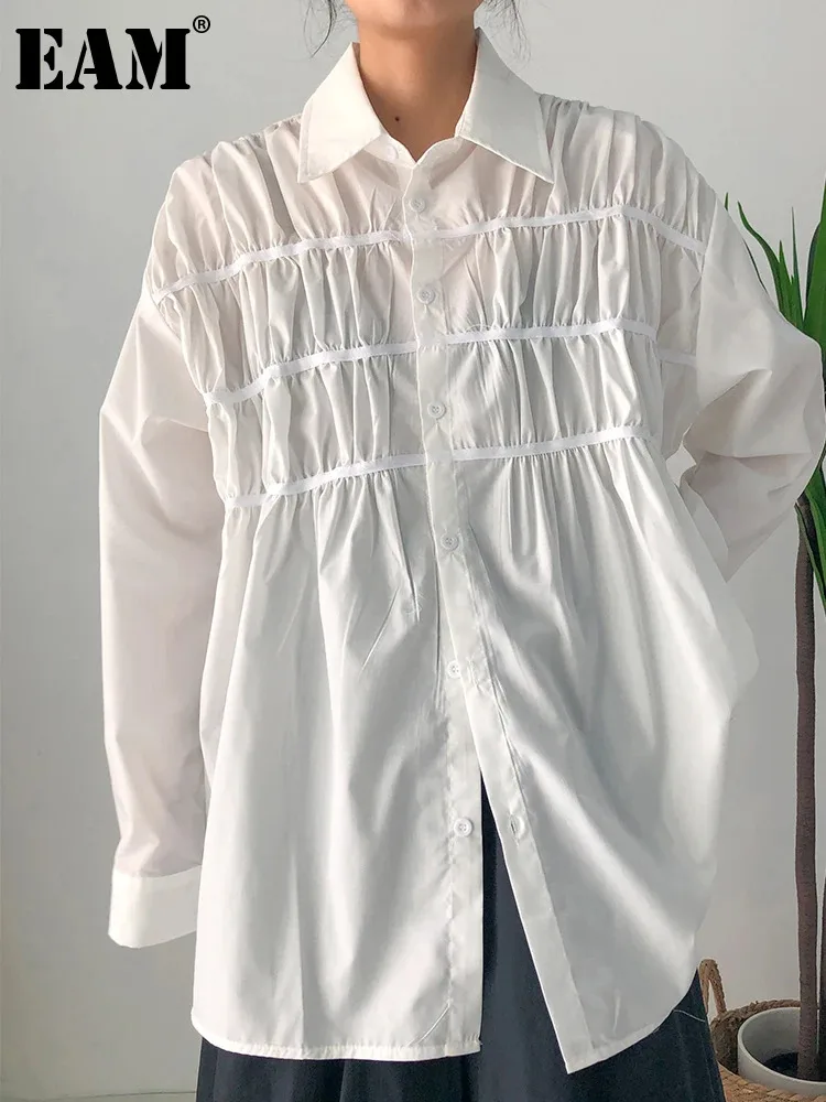 

[EAM] Women White Pleated Big Size Elegant Blouse New Lapel Long Sleeve Loose Fit Shirt Fashion Tide Spring Autumn 2024 1DF1477