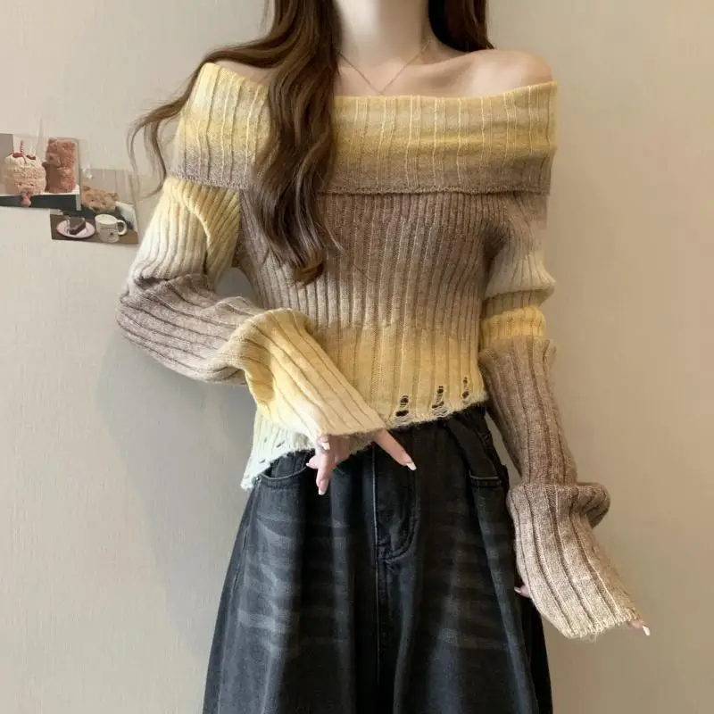 

Rainbow Gradient Slash Neck Sweaters Female Clothing Asymmetrical Chic Frayed Spring Autumn Knitted Elegant Off Shoulder Jumpers