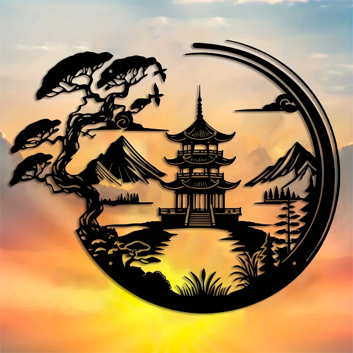 1 Piece of Metal 2D Flat Hanging Decoration with a Tranquil Landscape, 39.98X33.07 cm - Indoor/Outdoor Decoration and Natural Scene Decoration, Ideal Housewarming and Wedding Gift, Indoor Wall Decoration