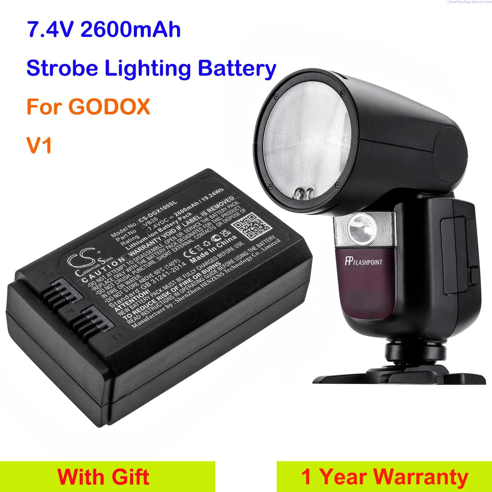 Cameron Sino 7.4V 2600mAh Strobe Lighting Replacement Battery VB26 for GODOX V1 + Gifts