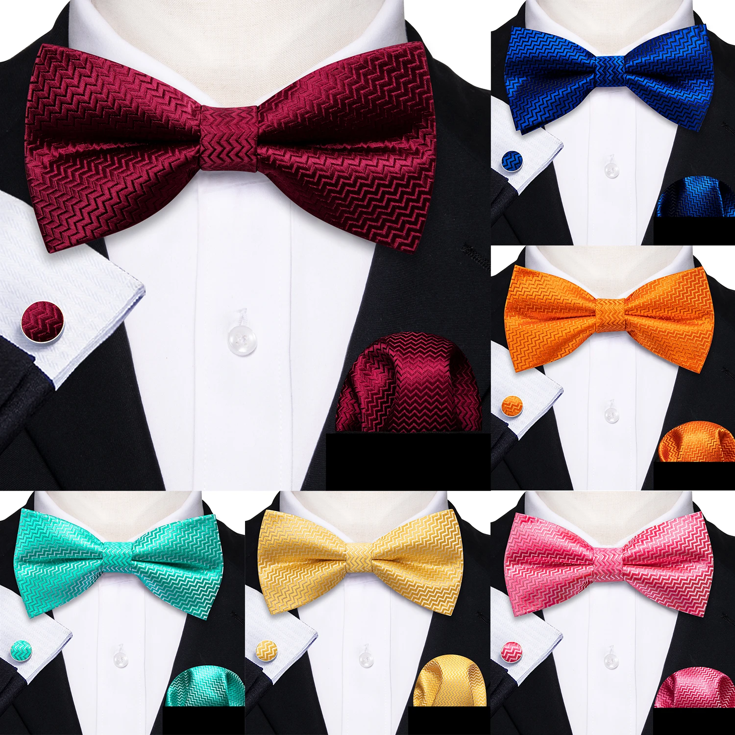 Brand NEW Designer Silk Men Bowtie Set Pre-Tied Butterfly Bow Knot Tie Pocket Square Cufflinks Male Wedding Business Party Gift