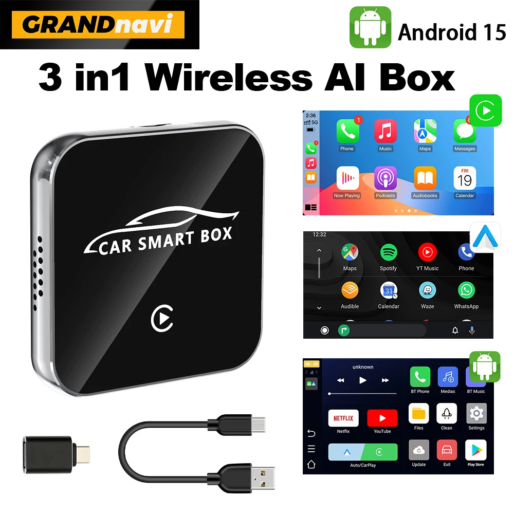 Android 15 3in1 CarPlay AI Box Wireless Android Auto USB Adapter 4G 64G For Youtube Netflix Automatic Connection