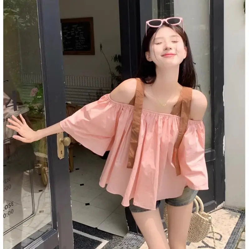 

Contrast Loose Off Shoulder Sexy Shirt Tops Summer New Hollow Out Lacing Pleated Sweet Blouse Fashion Temperament Women Clothing