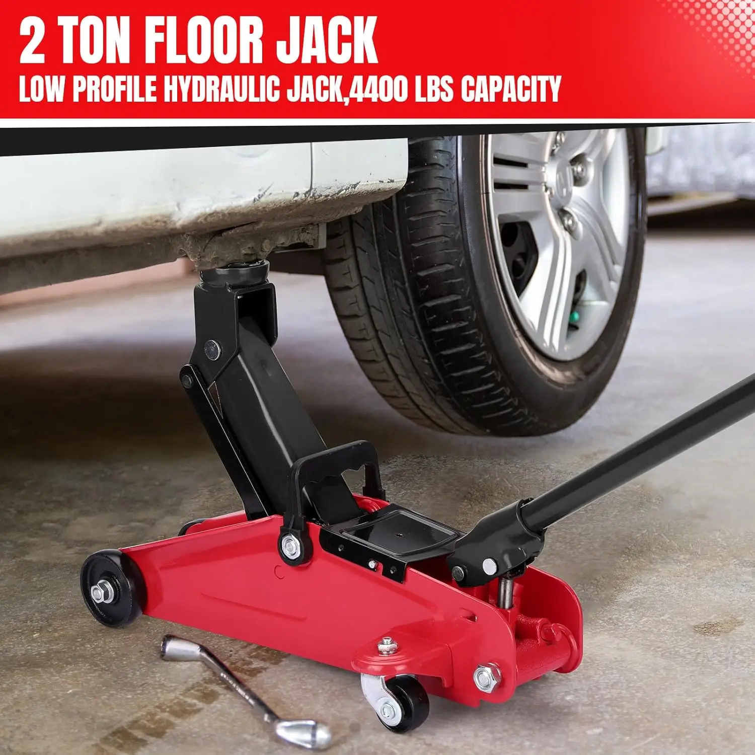 Gato de piso de perfil bajo de 2 toneladas, resistente con bomba de elevación rápida de pistón único, gato de acero para coche, altura ajustable de 3,35 "-13"