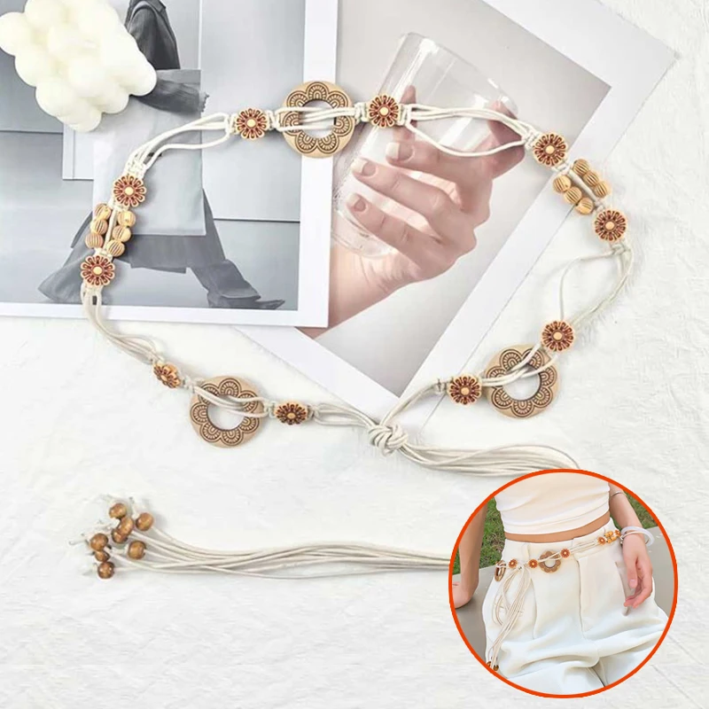 ボヘミアンスタイル織りエスニックスタイル手作り木製ビーズレディースベルトカジュアル休暇スタイルウエストロープ