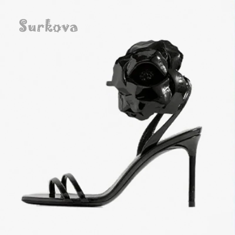 Red Rose High Heels Pumps Shiny Leather Flowers Women's Sandals Sexy Open Toe Thin Heels Buckle Strap Catwalk Party Ladies Shoes