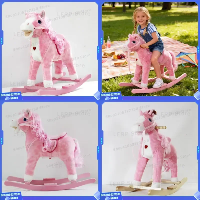Pink Plush Rocking Horse Toy for Kids Soft Animal Ride On with Sound Effects Safe Baby Gift Interactive Musical Pony for