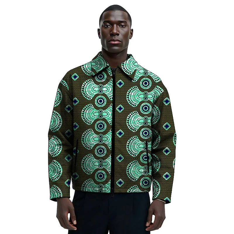 

Мужская повседневная куртка в африканском стиле с двойными карманами на молнии, отложным воротником и коротким рукавом, в нигерийском стиле