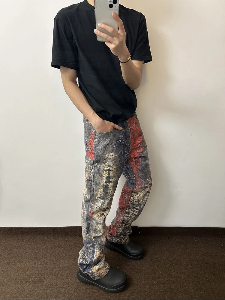 High Street Vintage Wshed Cashew ดอกไม้พิมพ์ Denim Cargo กางเกงยีนส์ Baggy Vintage Y2k กางเกงยีนส์ pantalones hombre y2k เสื้อผ้า