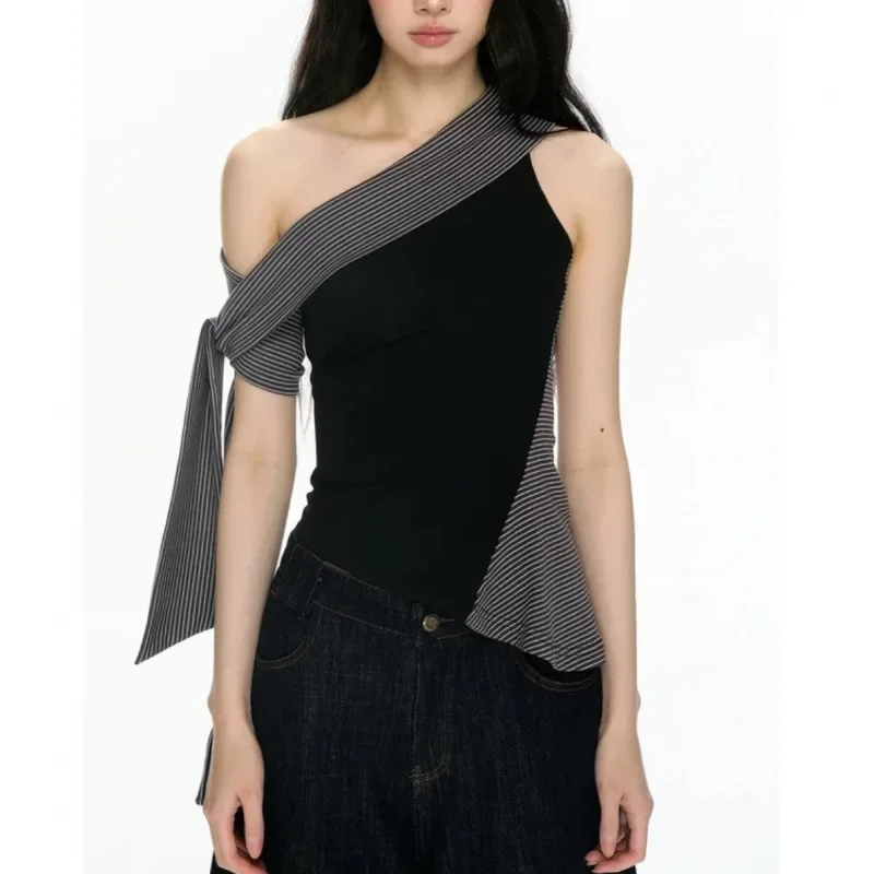 PopPopPure Desire Stripe Black Shoulder Women's Vest Design Sensation New Style Sleeveless Knitted Top Fashionable Casual Wear
