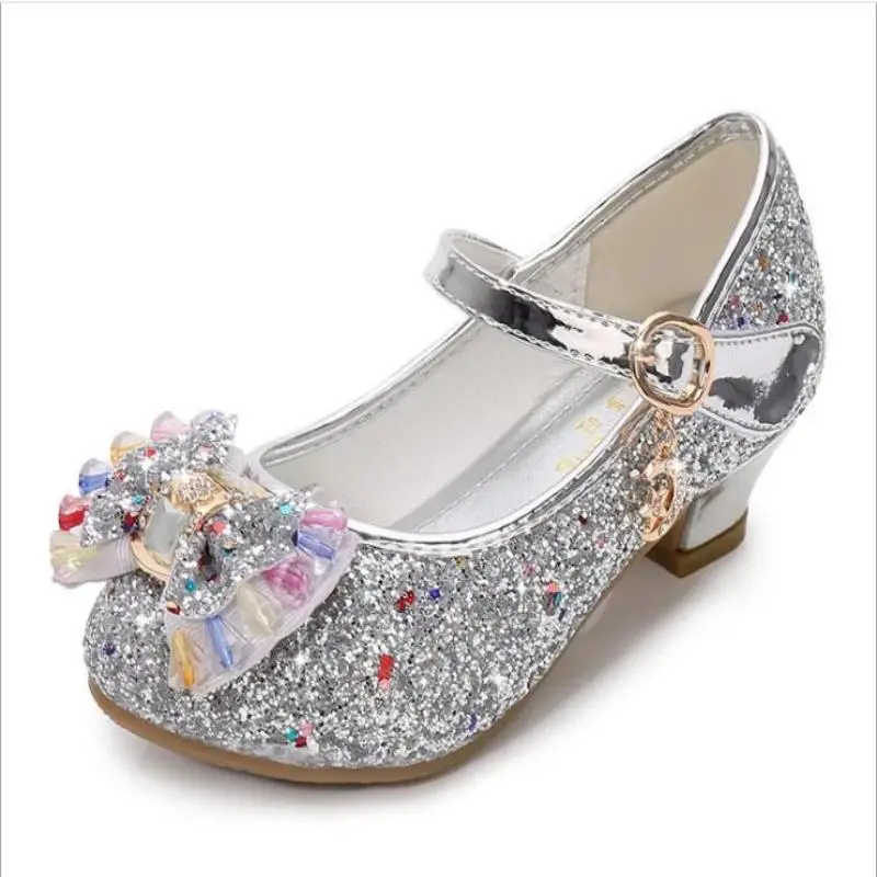 Girls Leather Shoes Princess Shoes Children Shoes round-Toe Soft-Sole Big girls High Heel Princess Crystal Shoes Single Shoes