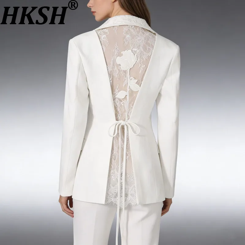 HKSH Women Blazer Sexy Sheer Lace Backless Patchwork Single Breasted Slim Fit French Niche Elegant Jackets Spring Autumn HK21925