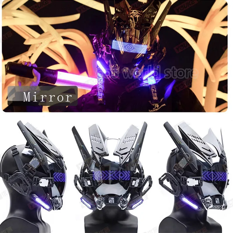 Cyberpunk Cosplay Mirror Led Light Mask Night City Neon Helmet Men Personalized Army Mechanical Music Festival Masks Accessories