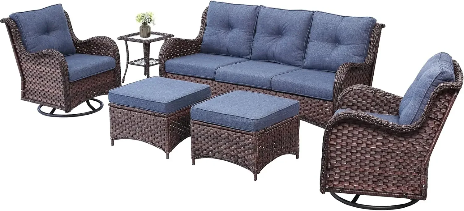 6 Pieces Outdoor Patio Furniture Set, Rattan Wicker Sectional Swivel Rocker Chairs Sets with Ottomans, Swivel Glider Chairs