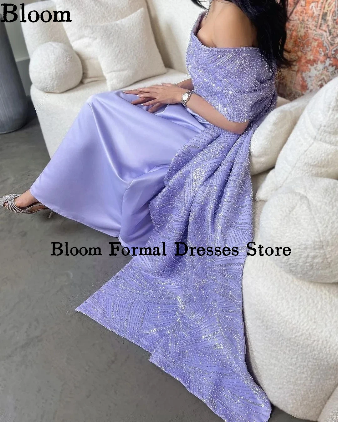 Bloom Lilac Pearls Sequins Customized Off Shoulder 2-Piece Sparkly Saudi Arabia A-line Elegant Formal Occasion Prom Dresses