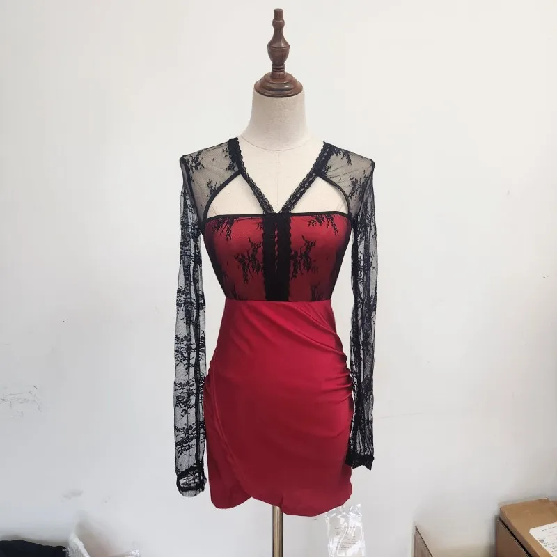 Elegancka długa koronkowa sukienka, seksowna, szykowna, do pracy, w stylu koreańskim, o długości do kolan, dopasowana, dla kobiet, na jesień...