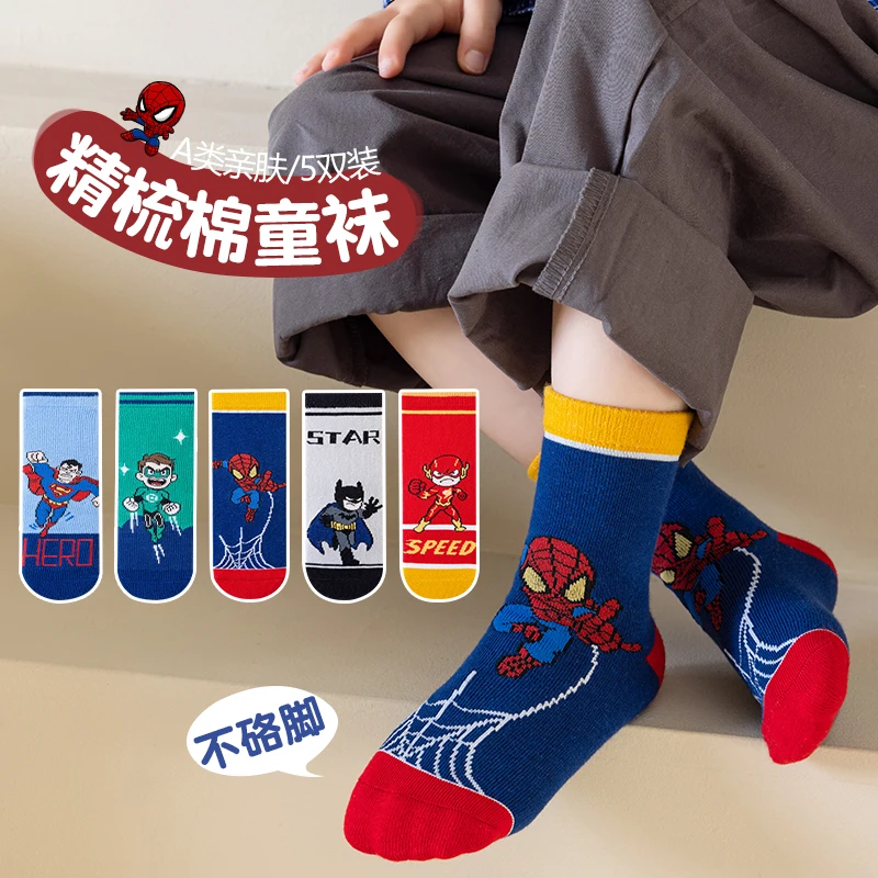 5 pares dos desenhos animados crianças meias tubo médio meias do homem aranha menino primavera outono algodão bonito crianças meias tamanho 1-12 anos