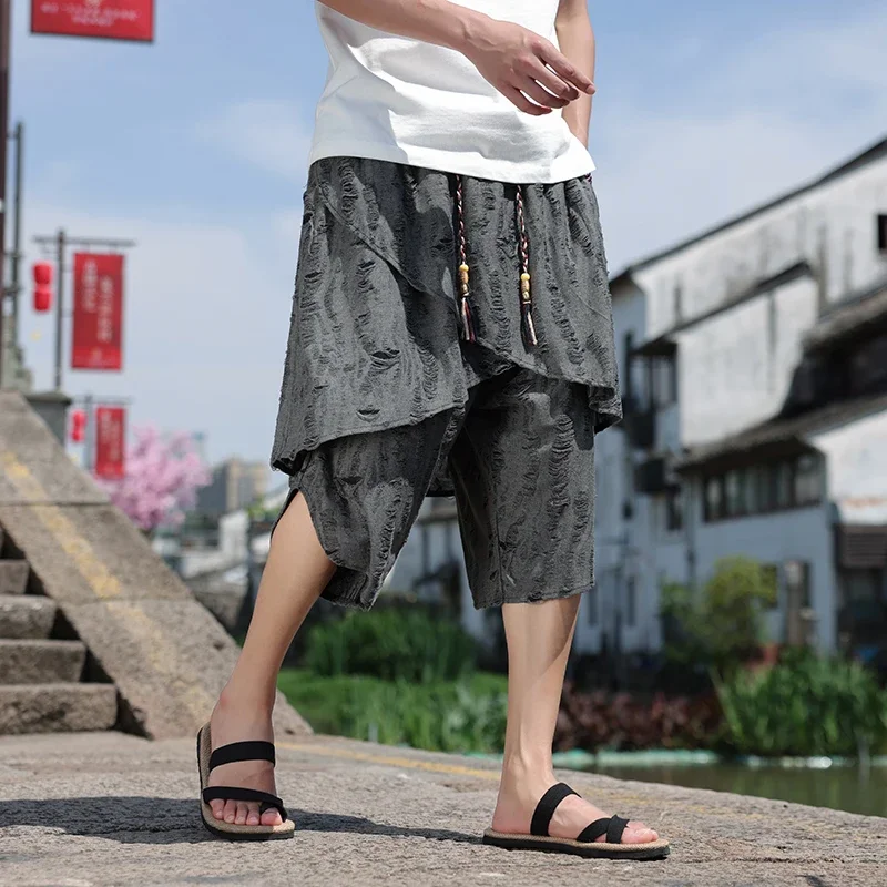 2024 New Chinese Men's Trendy Punched Casual Pants Fashion High Street Sports Comfortable Loose Large Hombre Seven Quarter Pants