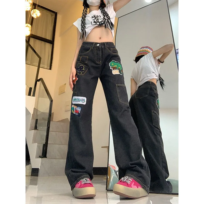 

Long e/Embroidered Animal Baggy Jeans Woman Retro Brown Trousers Fashion Couple Denim Jogging Pants High Waist Straight Old Jean