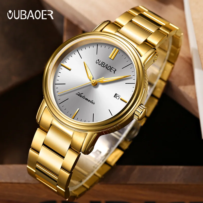 OUBAOER Men Automatic Mechanical Watch Full Gold Stainless Steel Band Silver Dial Calendar Waterproof Business Wrist Watch Gift