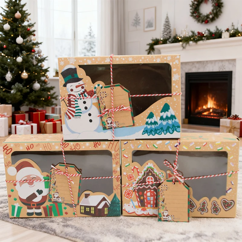 

3/6/9/12PCS Kraft Paper Christmas Gift Box Open Window Biscuit Favor Gift Packaging Box New Year Merry Christmas Party Supplies