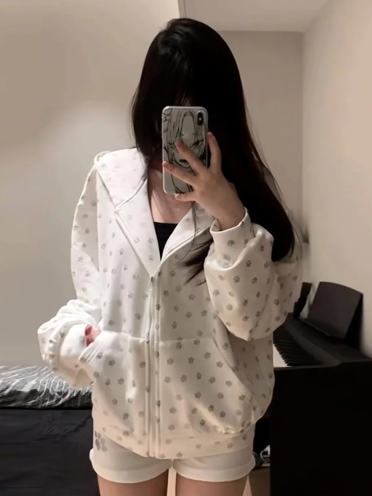 

Unique Beautiful Korean Sle Hoodie Set Women's Faionable Young-looking Clete Outfit Long Sve Zipper Cotton Polyester