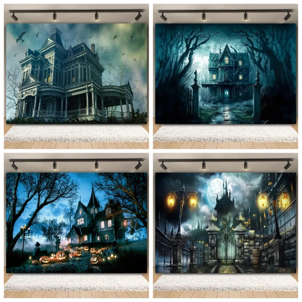 

Halloween Party Backdrop Full Moon Night Scary Horror Castle Pumpkin Forest Old Tree Cemetery Halloween Photography Background
