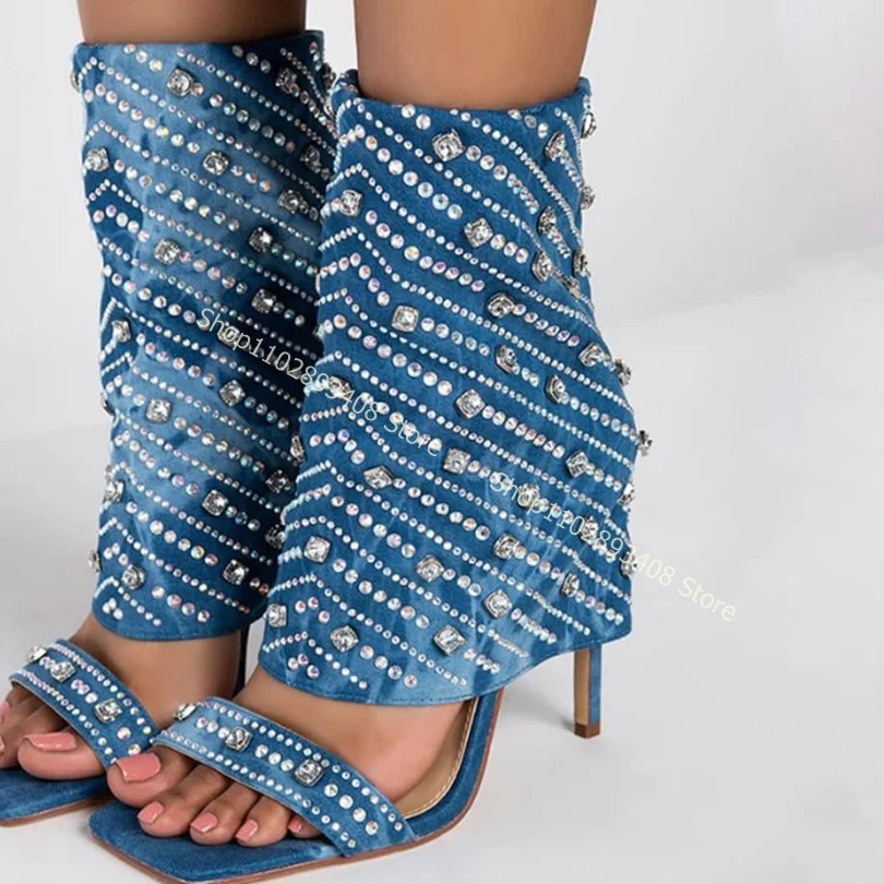 

Denim Square Toe Crystal Sandal Boots Slip on Solid Stilettos High Heels Sexy Women Summer Shoes Big Size Boots Zapatillas Mujer