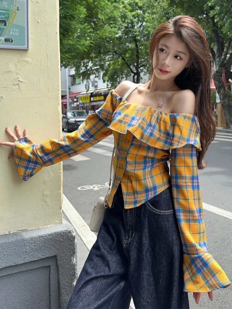 Y2k Gyaru Blusen Slash Neck Flare Hülse Plaid Rüschen Frühling Herbst Shirts Weibliche Dünne Mode Design Alle Spiel Frauen Kleidung