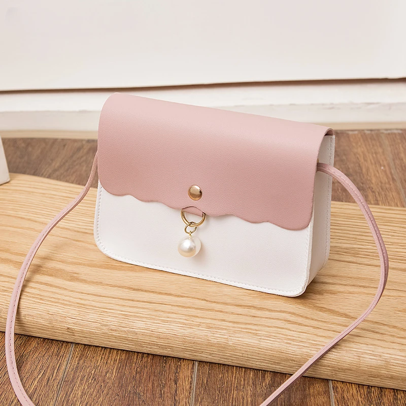 Fashion Simply PU Leather Crossbody Bag for Women Solid Color Shoulder Messenger Bag Lady Pendant Pearl Travel Small Handbag