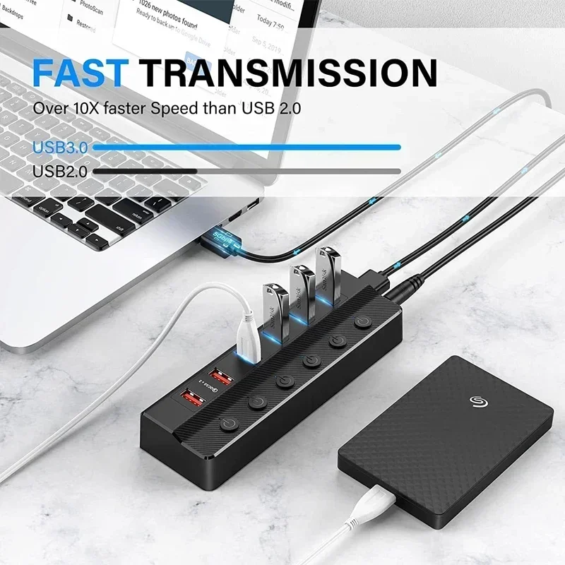 Imagem -06 - Hub Alimentado Divisor de Extensão Usb de Alta Velocidade com Adaptador de Alimentação Suporte qc 3.0 Carregamento Usb Mais Rápido Acessórios para Computador Portátil Usb3.0