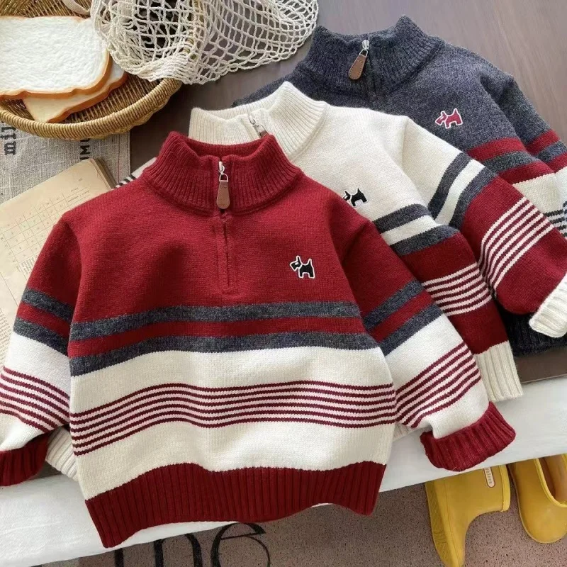 

Boys' Casual Sweater 2026 Spring and Autumn New Style Children's Striped Half Zipper Casual Soft Pullover Knitted Sweater