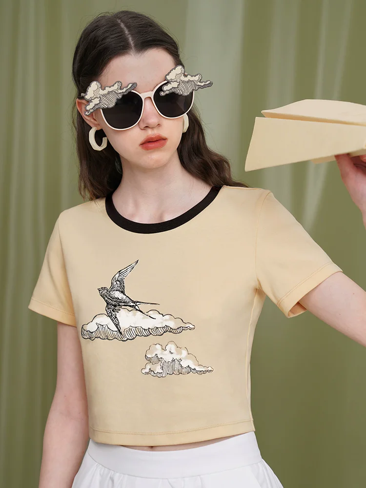 Summer Original Design Women Swallow Flying Clouds Print Comfy Cotton T-shirt Crop Top