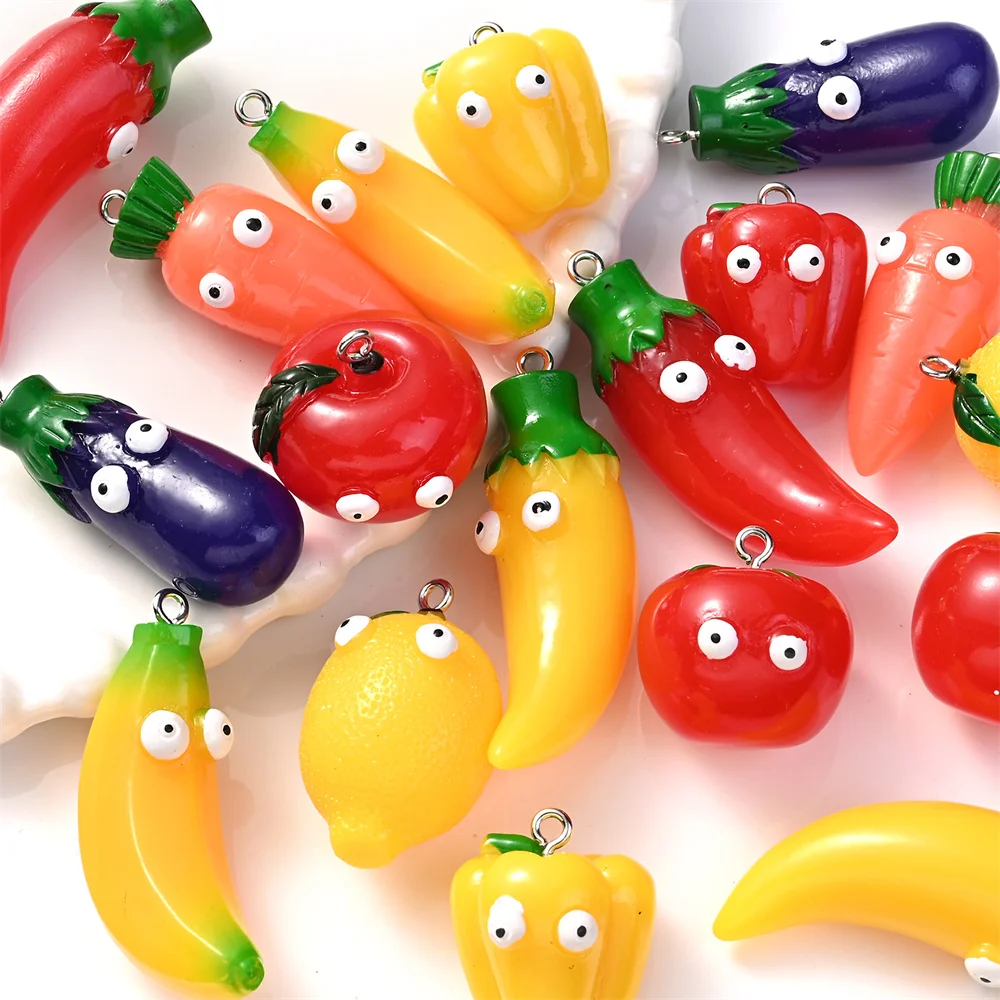5 Stück 3D Gemüse- und Obst-Anhänger: Tomate, Paprika, Kürbis, Zitrone, Aubergine, Harz-Kreativanhänger für die Schmuckherstellung – Detail 7