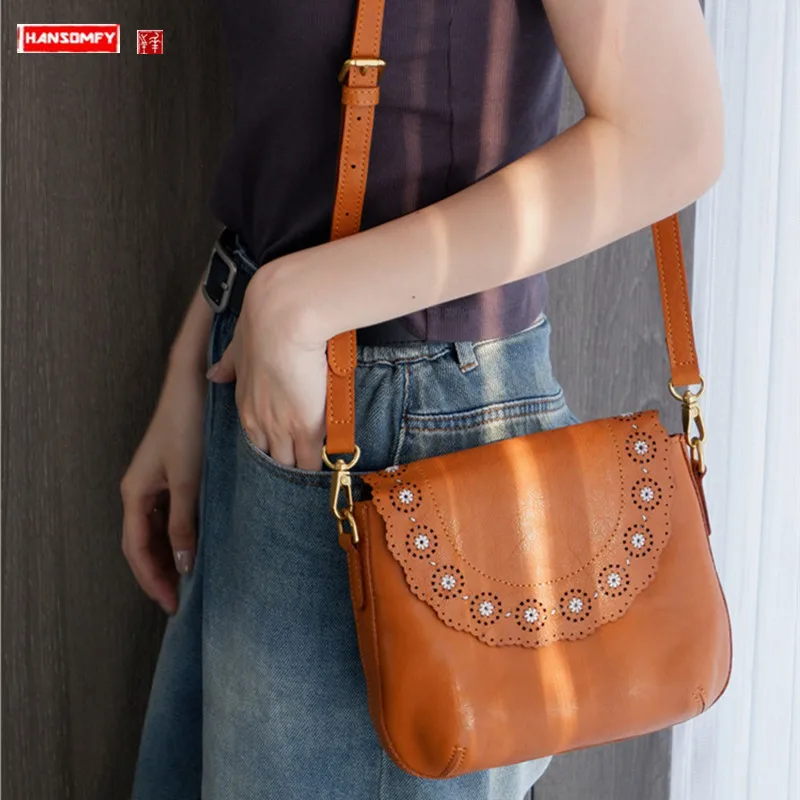 

Retro Cowhide Leather Women Bag Small Shoulder Messenger Square Bag 2024 Woven Hollowed Fashion Sweet Crossbody Bags